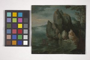 Paisagem marítima com um penhasco alto (óleo sobre cobre) de Flemish School