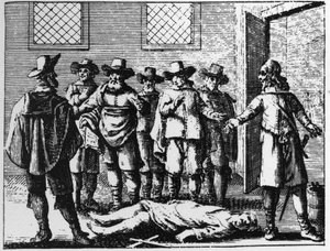 Feiticeiro tendo sucumbido à tortura - gravura de 1725 em "La Sorcellerie demasquee" (