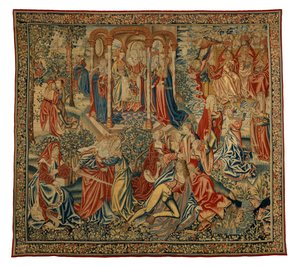 Tapeçaria, Alegoria moral do homem ou a justiça atacando o homem, feita na Flandres, Bélgica, cerca de 1500 (lã e seda) de Flemish School