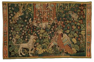 Tapeçaria, fragmento de Park au Cerfs, fabrico c.1500-25 (lã) de Flemish School