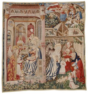 Tapeçaria representando a Anunciação e a Natividade, Tournai (lã) de Flemish School