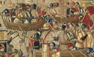 Tapeçaria mostrando as Conquistas de D. Afonso V de Portugal, Tournai. Detalhe. (Lã e seda). de Flemish School