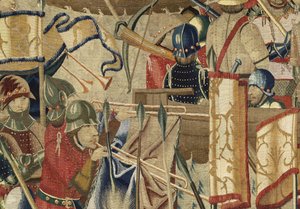 Tapeçaria mostrando as Conquistas do rei Alfonso V de Portugal (Conquistas de Alfonso V de Portugal), Tournai. Detalhe. (Lã e seda) de Flemish School