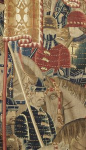 Tapeçaria mostrando as Conquistas do rei Alfonso V de Portugal (Conquistas de Alfonso V de Portugal), Tournai. Detalhe. (Lã e seda) de Flemish School