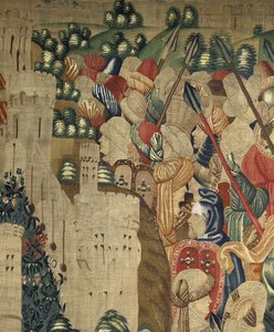 Tapeçaria mostrando as Conquistas do rei Alfonso V de Portugal (Conquistas de Alfonso V de Portugal), Tournai. Detalhe. (Lã e seda) de Flemish School