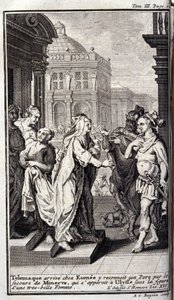 Telemaque chega à casa de Eumee, reconhece seu pai com a ajuda de Minerva, que aparece em Ulisses sob a figura de uma bela mulher. Ilustração para o livro XVI de l