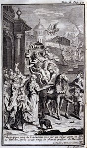 Telemaque deixa Lacedemone em um tanque com o filho de Nestor depois de receber grandes presentes de Menelas. Ilustração para o livro XV de l