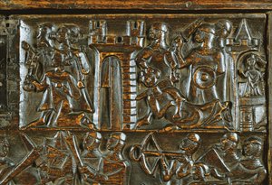 O Baú de Courtrai representando soldados de infantaria flamengos derrotando a cavalaria francesa (madeira) (detalhe) de Flemish School