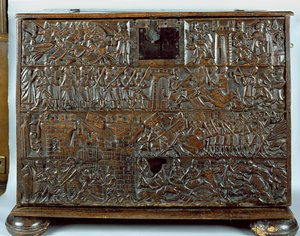 O Baú de Courtrai representando cenas da Batalha das Esporas Douradas disputada em Courtrai em 1302 (madeira)