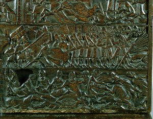 O Baú de Courtrai representando a linha de batalha flamenga durante a Batalha das Esporas Douradas, travada em Courtrai em 1302 (madeira) (detalhe)