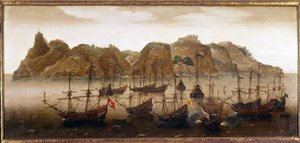 A frota holandesa ao largo da ilha de Santa Helena. Pintura a óleo. Século XVII. Museu Naval de Amesterdão. de Flemish School