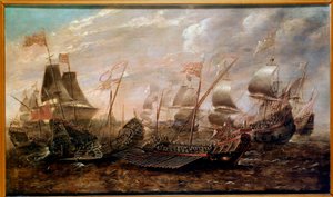 A batalha naval da Armada Invencível que assistiu à derrota da Armada espanhola contra a frota inglesa em agosto de 1588, na escola flamenga