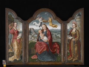 Tríptico com a Virgem e a Criança, Santa Bárbara, e Santa Catarina (óleo sobre madeira) de Flemish School