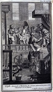 Ullysse pede a Alcinous (Alcinoos) a ajuda necessária para regressar à sua pátria. Ilustração para o livro VII da Odisseia de Homero, na Odisseia, publicado em Amsterdã em 1731, Coleção privee Milan. de Flemish School
