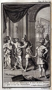 Ulysses, segundo da Telemaque, e dois dos seus pastores desmantelaram todos os perseguidores. Lustração do XXII livro da Odisseia de Homero, na Odisseia, publicado em Amesterdão em 1731, Coleção privee Milan. de Flemish School