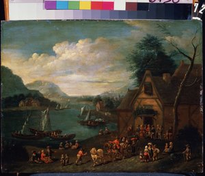 Uma taverna à beira-mar. Pintura por um mestre flamengo, óleo sobre madeira, 30 x 35 cm. Escola flamenga do século XVI-XVIII. Museu Estatal Arkhangelskoye Estate, Moscovo. de Flemish School