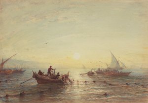 Pesca de atum ao nascer do sol ao largo da costa perto de Marselha de Félix Ziem
