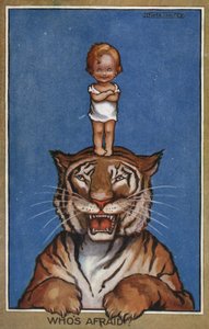 Bebé de pé sobre a cabeça de um tigre (litografia a cores) de Flora White
