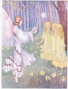 Nos lugares do narciso estavam três lindas donzelas altas (litografia a cores)