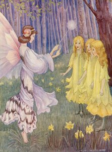 Nos lugares dos narcisos estavam três lindas donzelas altas (litografia a cores)
