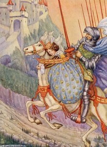 O capitão partiu a galope para um castelo no cimo de uma colina (litografia a cores)