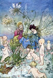 Mulher libélula (fada) e elfo rodeado de bebês - em "My Fairyland", de Fiona Malcom, doente. Florence Anderson de Florence Anderson