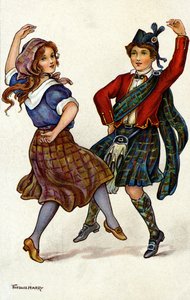 Um casal a dançar com um traje escocês tradicional. Cromolitografia de Florence Hardy