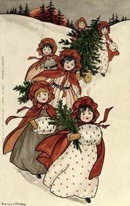 Meninas com azevinho e a árvore de Natal