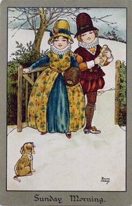Domingo de manhã, cartão vitoriano (litografia colorida)