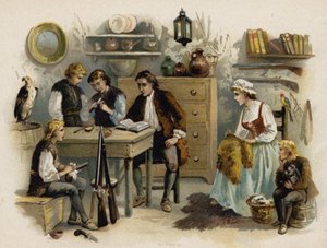Cena de The Swiss Family Robinson: Leitura do pai à família no Castelo de Rock (chromolitho) de Florence Maplestone