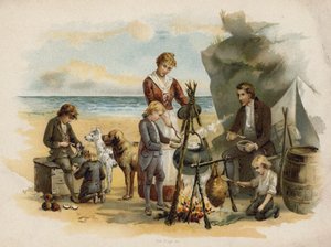 Cena de The Swiss Family Robinson: hora do jantar após a primeira expedição (chromolitho) de Florence Maplestone