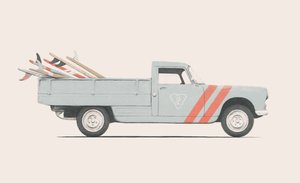 Carro de recolha com pranchas de surf, 2019 (lápis, digital) de Florent Bodart