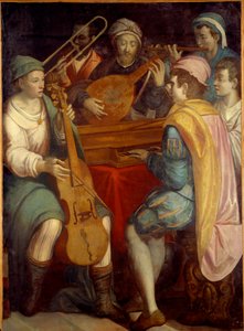 Concerto Alaúde músicos, epinette, trombone e viola de gamba. Pintura anónima da Escola Florentine 1550-1600. Sol 1,8x1,3 m