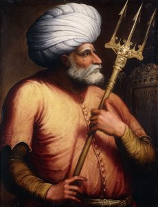 Retrato de Khair el-Din Barbarossa, meio comprimento, segurando um Tridente, c.1580