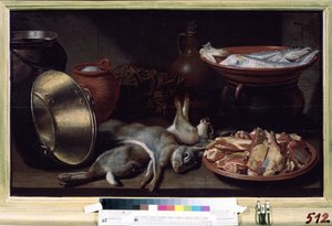 Natureza morta com lebres. Pintura de Floris van Schooten (por volta de 1590-após 1655). Óleo sobre tela