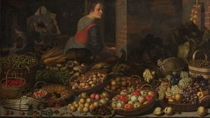 Natureza morta com frutas e legumes, com Cristo em Emaús ao fundo de Floris Gerritsz van Schooten