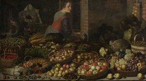Ainda vida com frutas e legumes, com Cristo em Emaús ao fundo, c. 1630