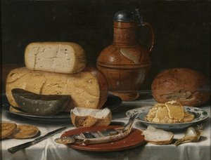 Natureza morta com queijo, arenque, pão e vinho de Floris van Schooten