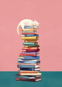 Gatinho aconchegado em cima de livros coloridos de Flow Line
