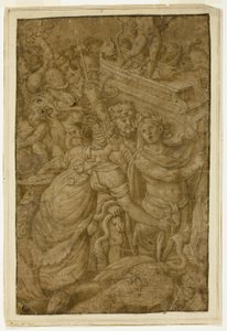 Cupido na carruagem triunfal, acompanhado por deuses e deusas de Follower of Giulio Romano