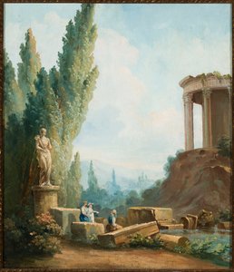 Paisagem com as ruínas do Templo da Sibila em Tivoli de Follower of Hubert Robert