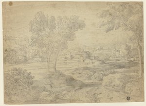 Paisagem italiana com edifícios de Follower of Nicolas Poussin