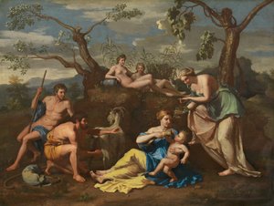 Ninfas alimentando a criança Júpiter de Follower of Nicolas Poussin