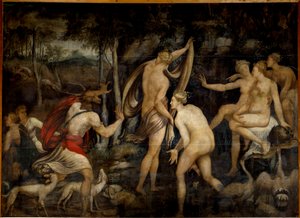Diane (Artemis), deusa da caça, e Acteon, caçadora Pintura da Escola de Fontainebleau (século XVI). Dim 2,65 x 3,67 m