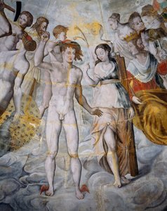 Mercúrio, mensageiro dos deuses e Psique, Janus à direita, frescos na torre dourada da Ligue, Escola Fontainebleau, Castelo de Tanlay (séc. XVI-17), Borgonha, França de Fontainebleau School