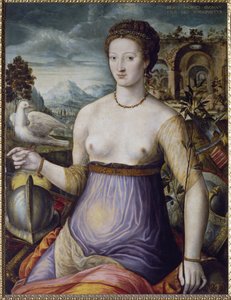 A alegoria da Paz, ou Diane de Poitiers com um retrato de pomba da duquesa de Valentinois Diane de Poitiers (1499-1566), favorita do rei Henrique II da França. Pintura da Escola de Fontainebleau, século XVI. Florença, Museo Nazionale del Bargel