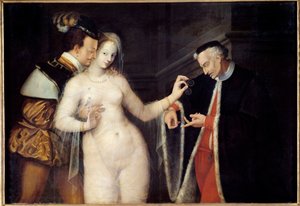 A mulher entre duas idades Cena representando uma prostituta cortejada por dois homens de idades diferentes. Pintura da Escola de Fontainebleau. 1588 Rennes, Museu de Belas Artes