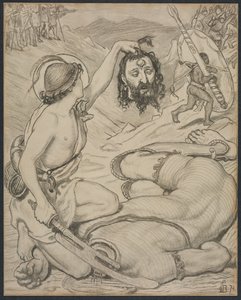 David and Goliath, Cartoon for Stained Glass Window no Jesus College, Cambridge de Ford Madox Brown