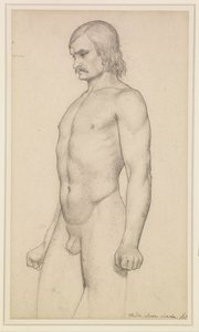 Nu masculino - Estudo académico, nu a três quartos, com bigode e punhos cerrados de Ford Madox Brown