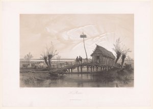 Paisagem pantanosa com vacas e figuras perto de uma casa com ponte
Le Marais (título sobre o objecto)